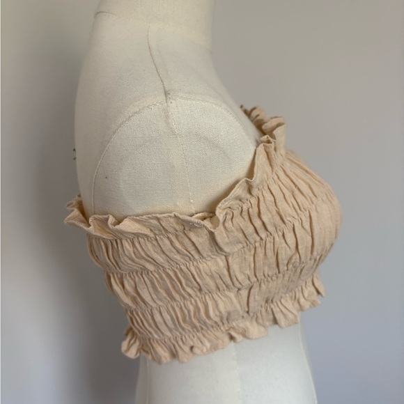 Tan Smocked Ruffled Sleeveless Crop Top - Picture 2 of 6